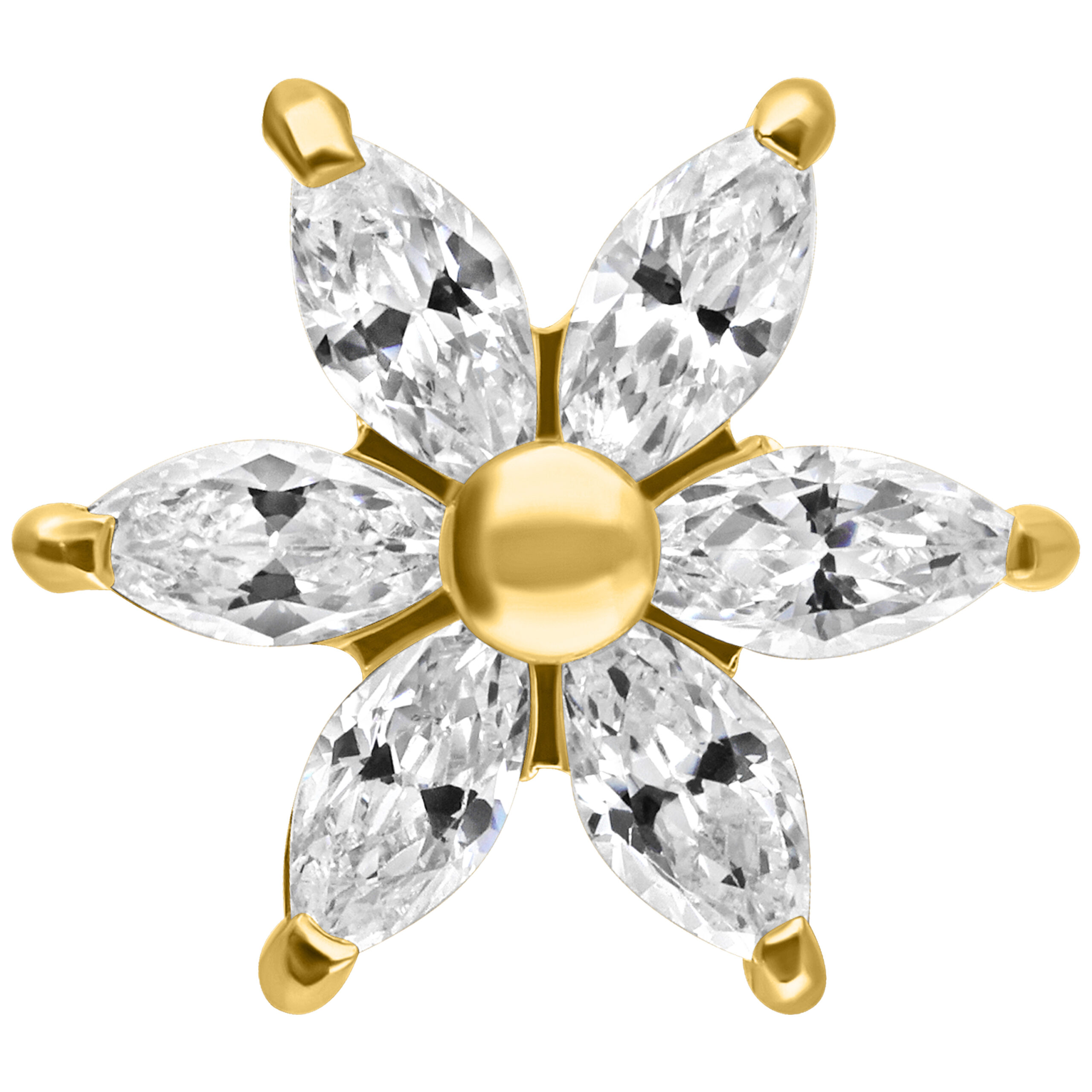 Goldener Hibiskus Blütenaufsatz mit klaren Kristallen auf weißem Hintergrund