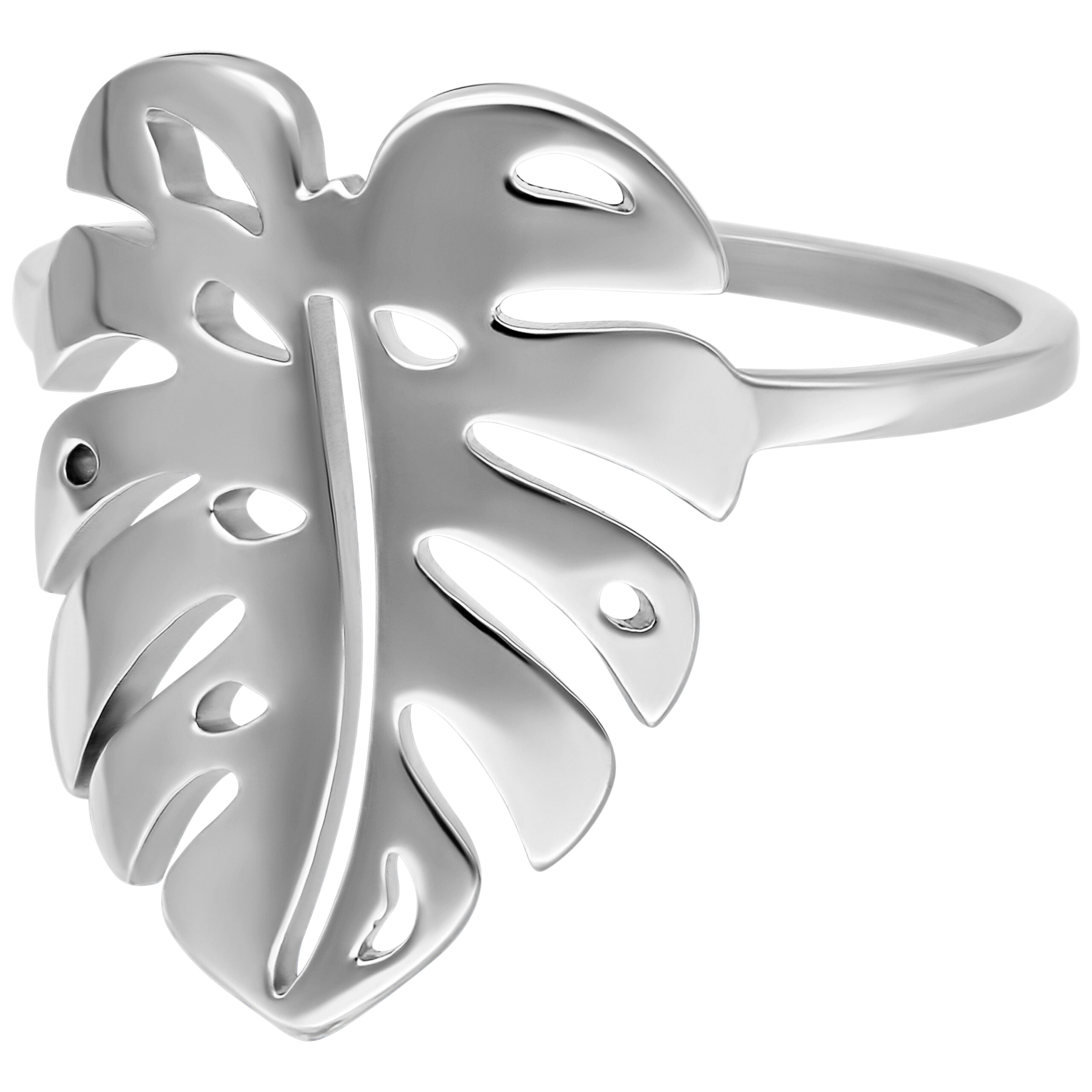 Silberner Ring in Monstera-Form auf weißem Hintergrund