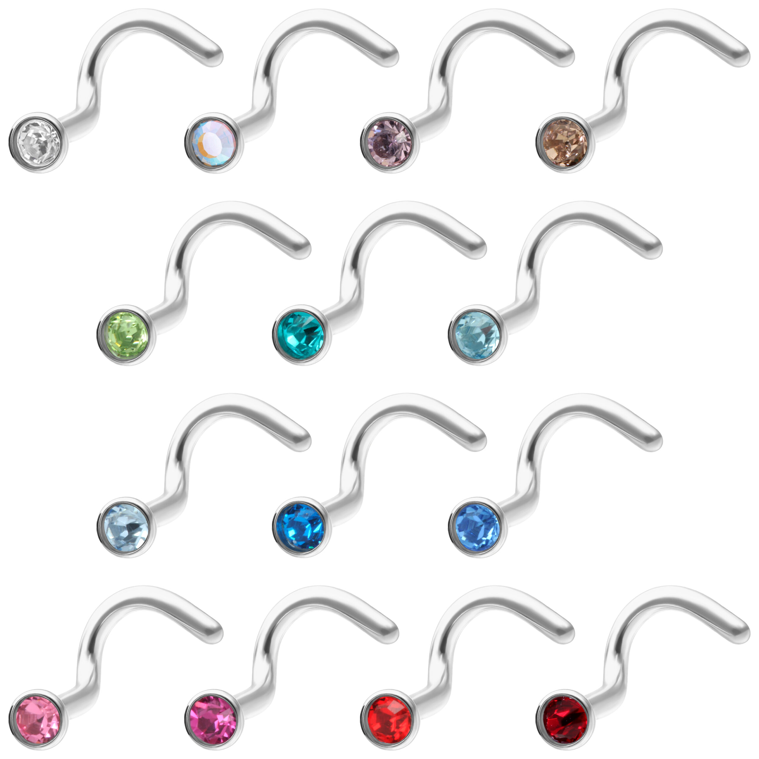 Verschiedene Nasenstecker aus Titan mit bunten Kristallen auf weißem Hintergrund