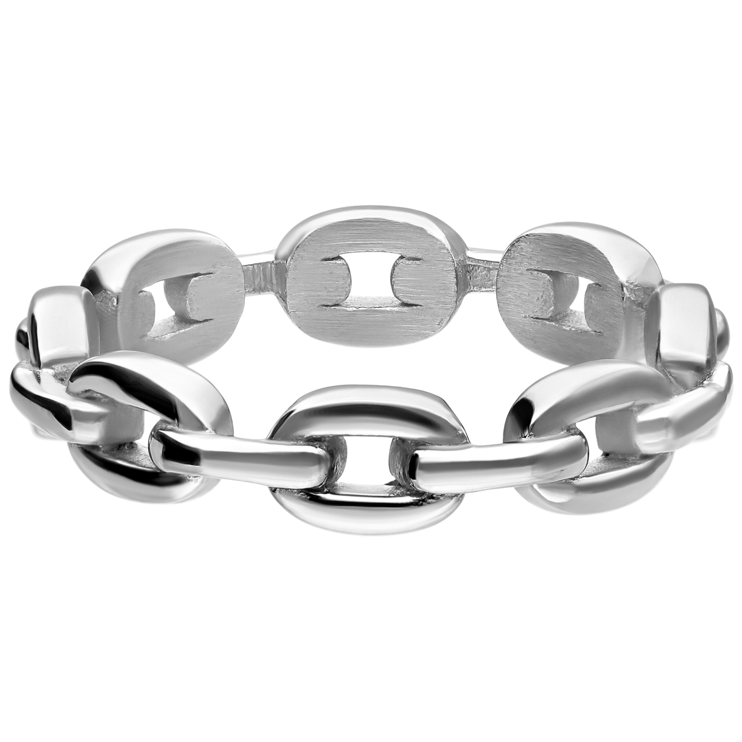 Silberner Kettenglied-Ring aus Chirurgenstahl 316L auf weißem Hintergrund