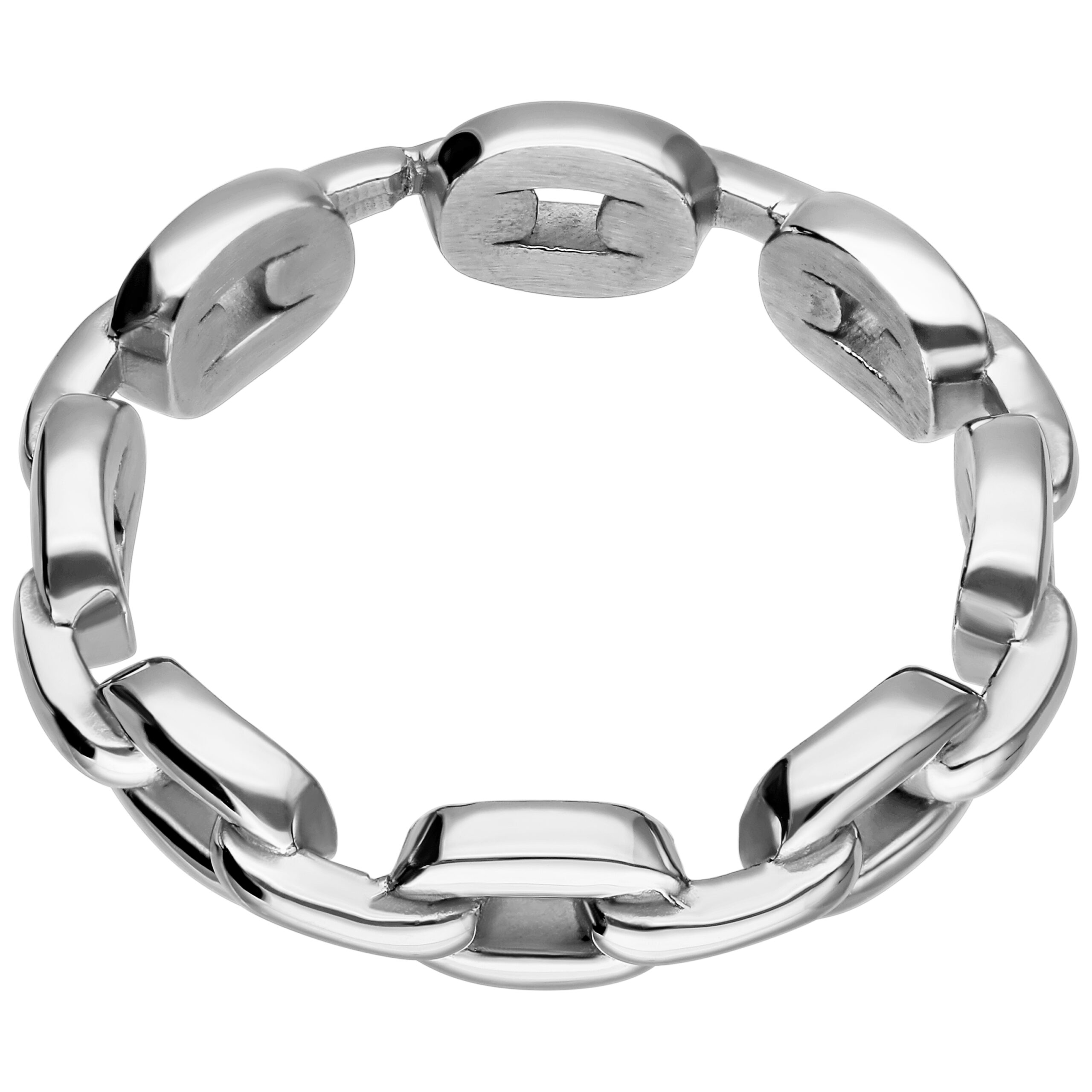 Silberner Fingerring aus Chirurgenstahl mit Kettenglied-Design auf weißem Hintergrund