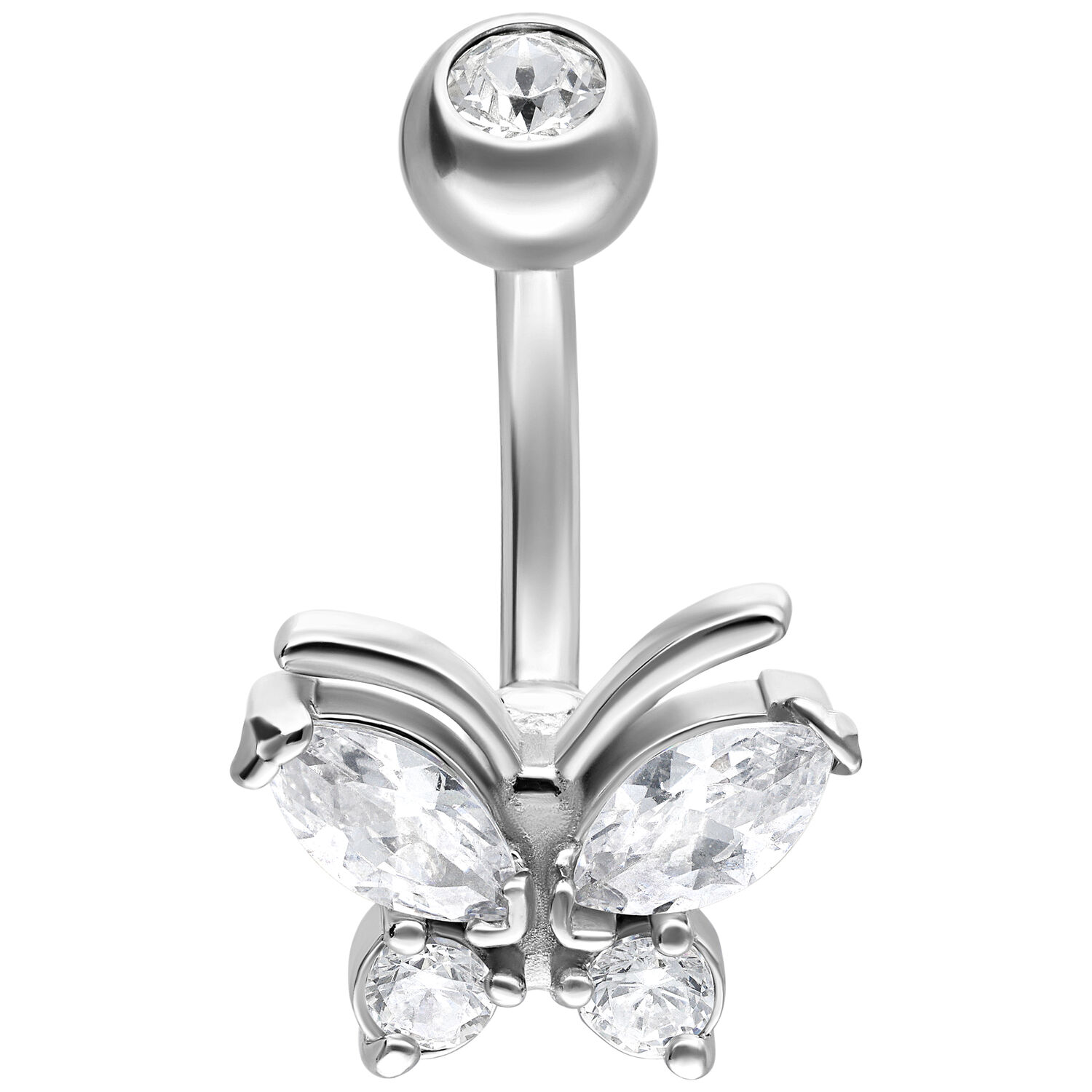 Silbernes Bauchnabelpiercing mit Schmetterling und klaren Kristallen auf weißem Hintergrund