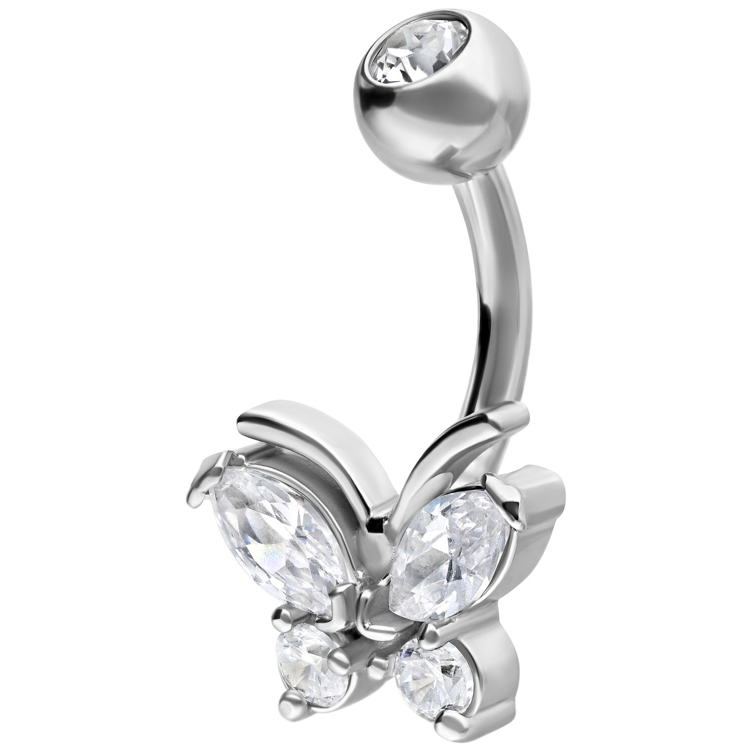 Silbernes Bauchnabelpiercing mit Schmetterling und klaren Kristallen