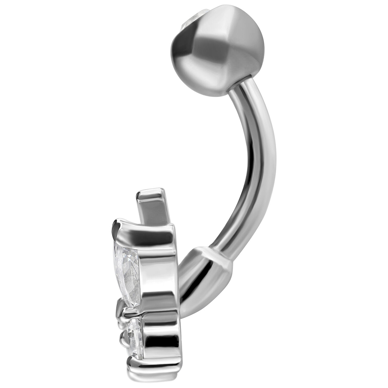 Silbernes Bananabell mit Schmetterlingsdesign und klaren Kristallen auf weißem Hintergrund