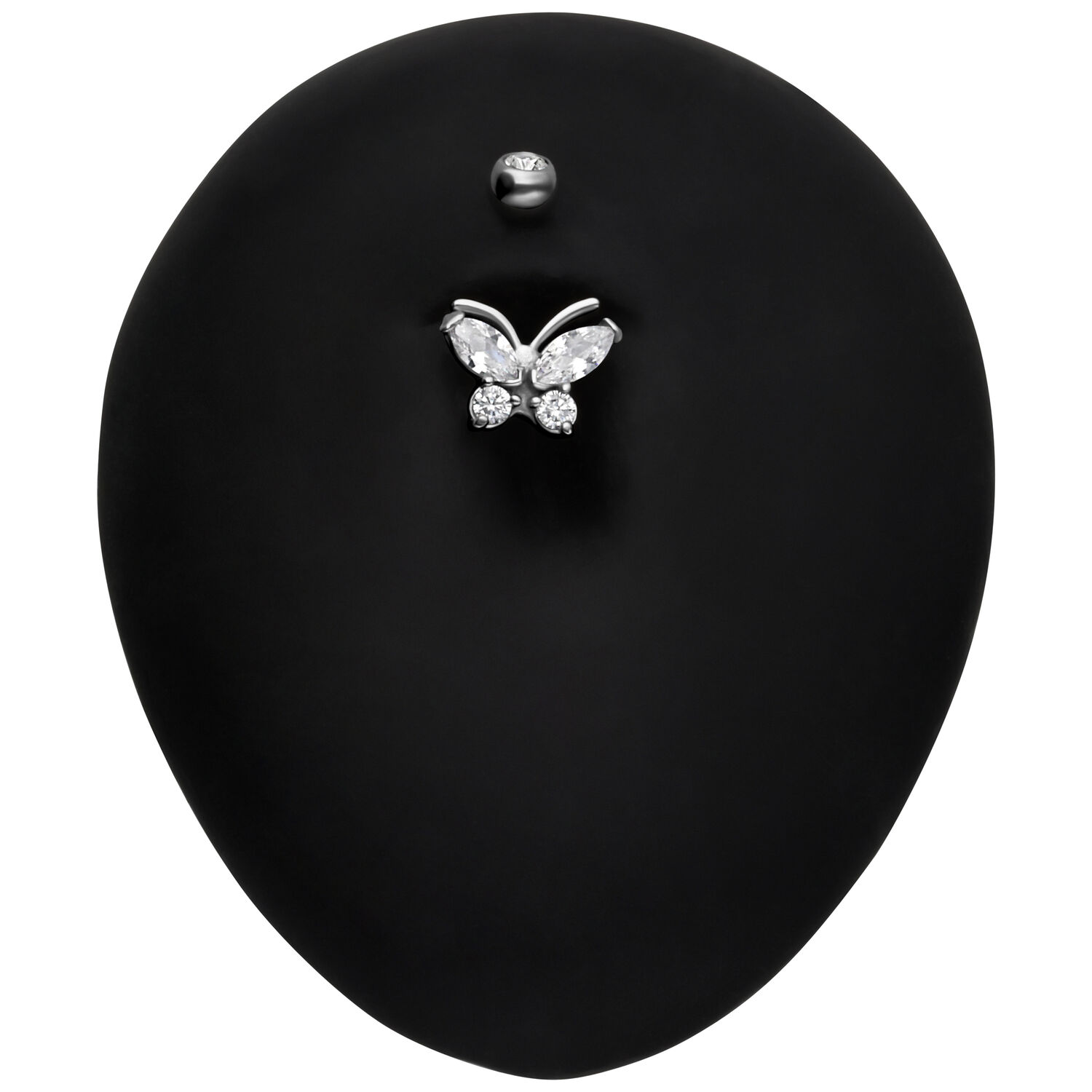 Silbernes Schmetterling Bananabell mit klaren Kristallen auf schwarzem Hintergrund