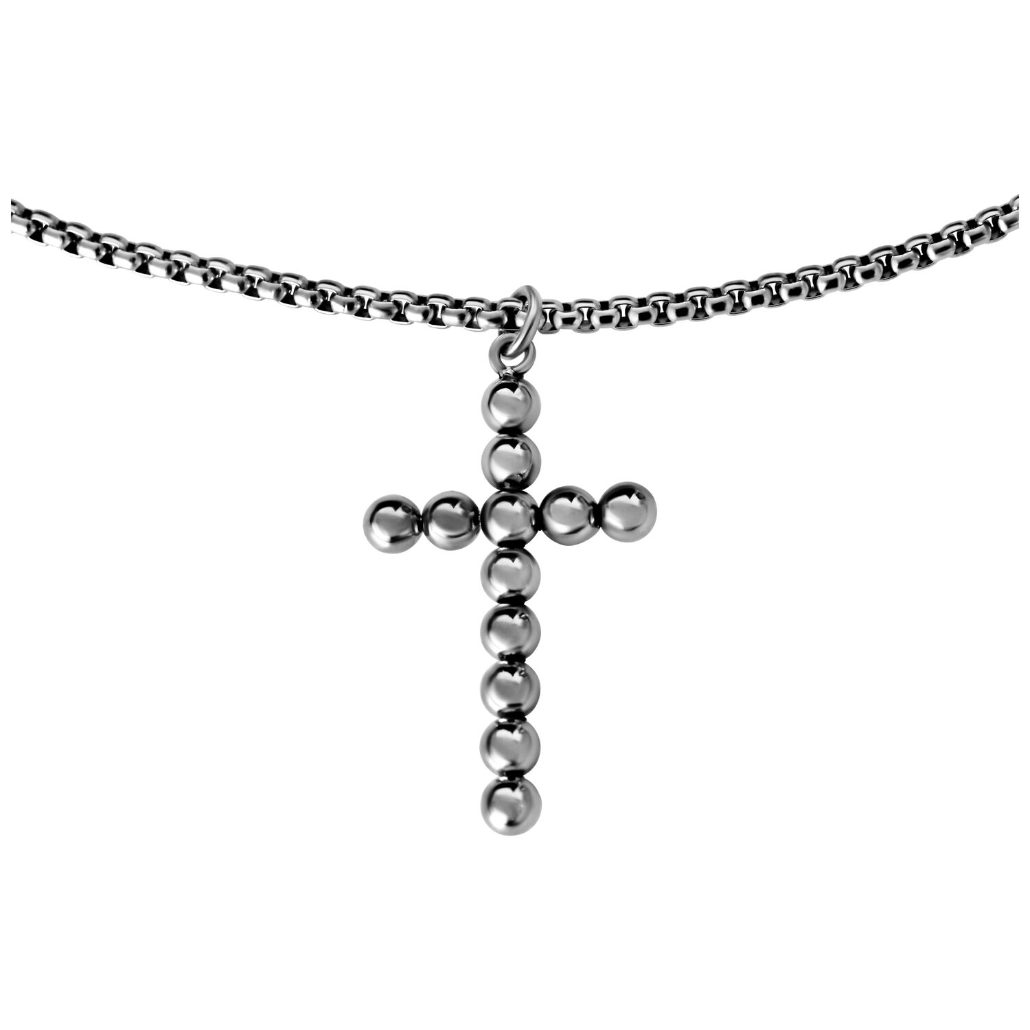 Schwarze und silberne Kreuzkette aus Chirurgenstahl auf weißem Hintergrund
