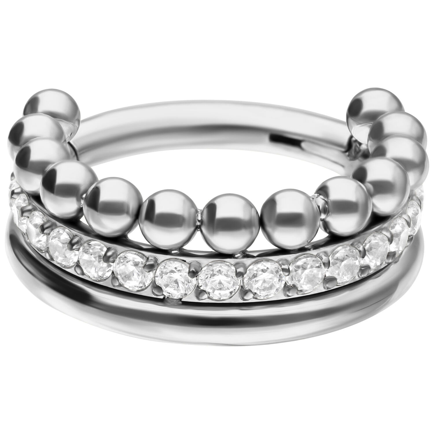 Silberner Piercing-Clicker mit Kristallen auf weißem Hintergrund
