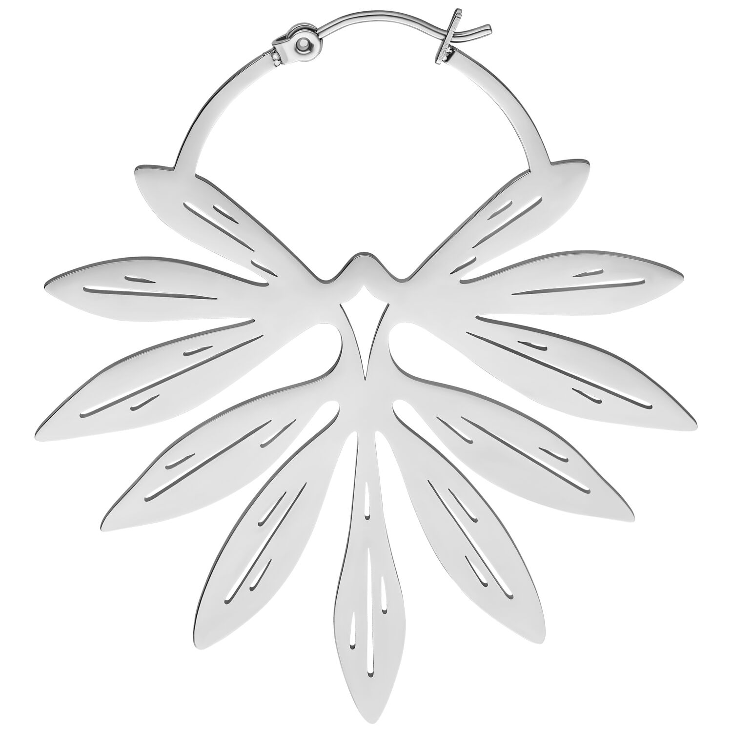 Elegante Bambus-Ohrringe aus Chirurgenstahl Silberne Bambus-Ohrringe aus Chirurgenstahl mit Klappverschluss auf weißem Hintergrund