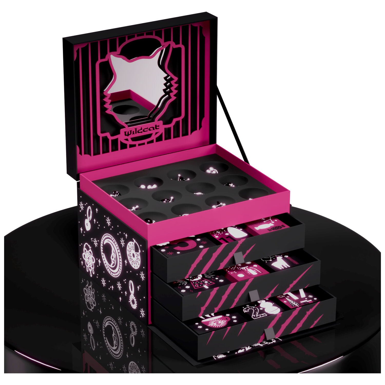 Schwarze und pinke Schmuckbox mit geöffnetem Deckel, gefüllt mit Piercings auf schwarzem Hintergrund