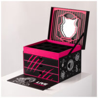 Offene schwarz-rosa Schmuckbox mit Wildcat-Design auf weißem Hintergrund