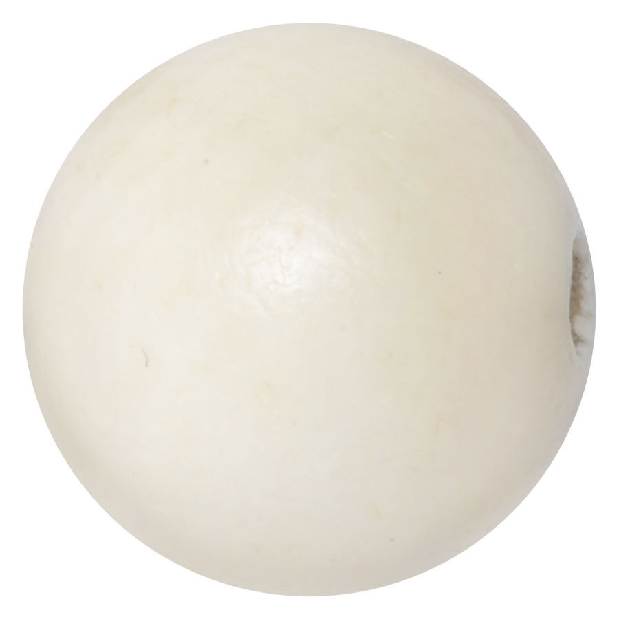 Weiße, runde Kugel aus Knochen mit Innengewinde auf weißem Hintergrund