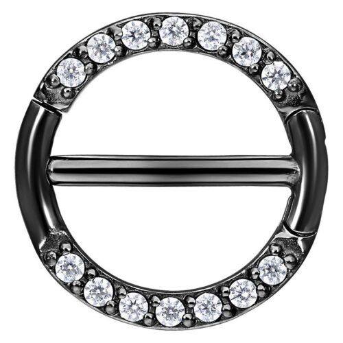 Schwarzer Nipple Clicker mit klaren Kristallen auf weißem Hintergrund