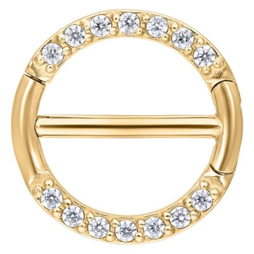 Goldener Nipple Clicker, verziert mit klaren Kristallen auf weißem Hintergrund