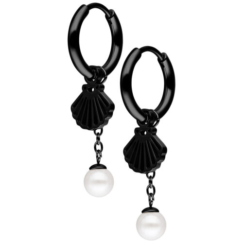 Mini Shell with Pearl Hoops Pair - Black Metal