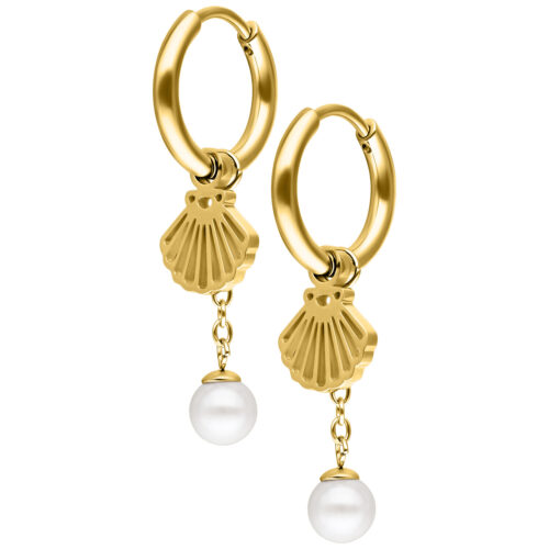 Mini Shell with Pearl Hoops Pair - Golden Metal