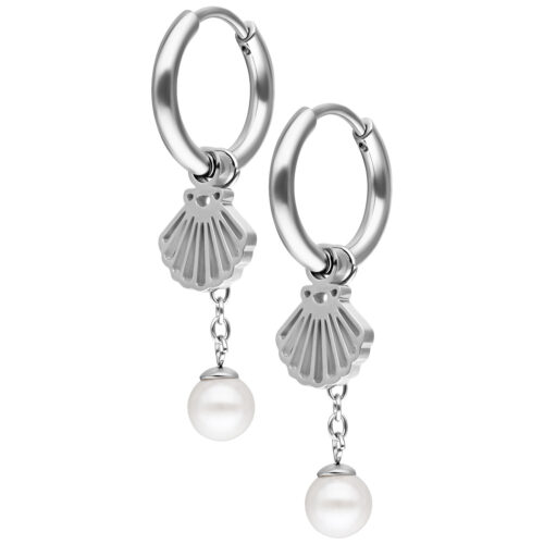 Mini Shell with Pearl Hoops Pair - Silvercoloured Metal