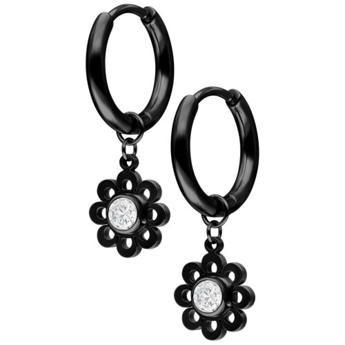Mini Crystal Flower Hoops Pair - Black Metal