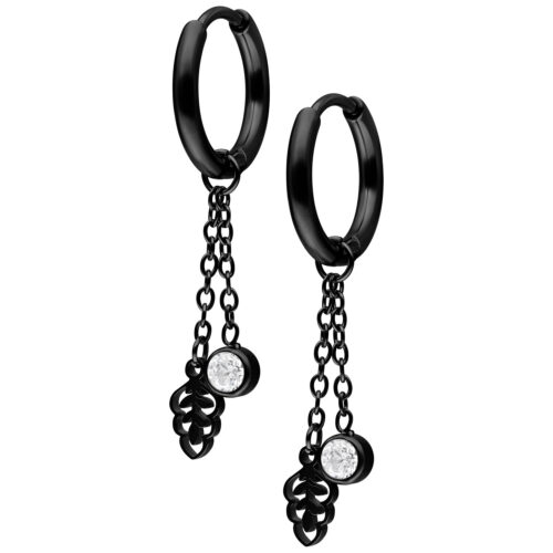 Mini Crystal Leaf Hoops Pair - Black Metal