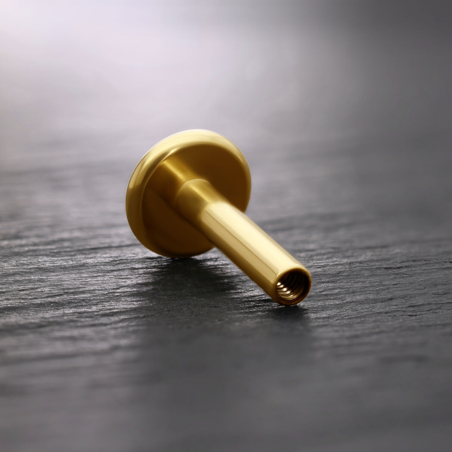 Goldenes Titan Labret mit Innengewinde Goldenes Titan Labret auf dunklem Hintergrund, schräg liegend