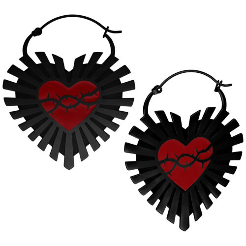 Barbed Wire Sacred Heart Hoops Pair - Black Metal