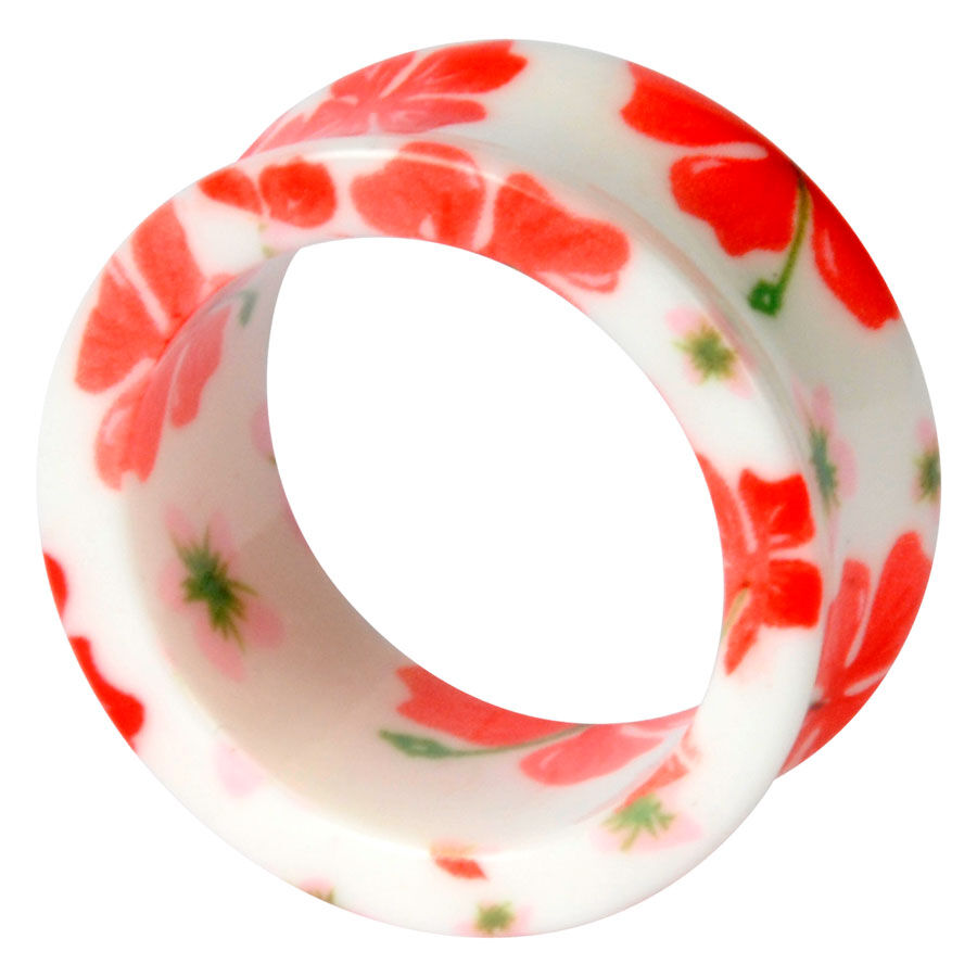 Acryl Blumen Tunnel Piercing in Rot-Weiß Acryl Tunnel Piercing mit roten Blumen auf weißem Hintergrund
