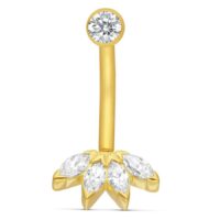 Goldenes Microbananabell mit klaren Kristallen auf weißem Hintergrund