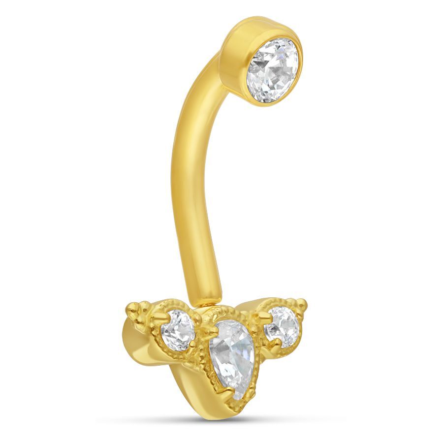 Goldenes Bananabell-Piercing mit klaren Kristallen auf weißem Hintergrund