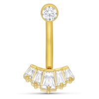 Goldenes Microbananabell mit klaren Baguette-Kristallen auf weißem Hintergrund