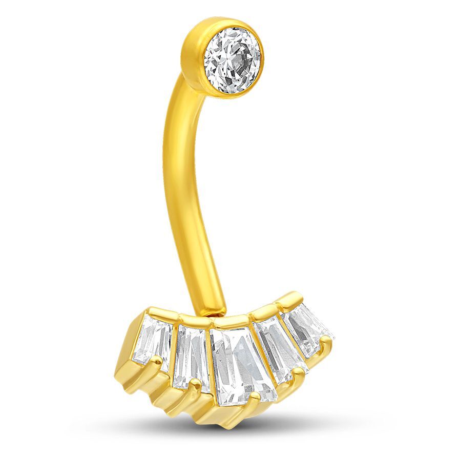 Goldenes Microbananabell mit klarem Kristall und Baguette-Design auf weißem Hintergrund