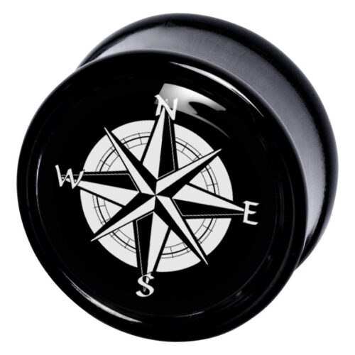 Schwarzer Plug mit weißem Kompassdesign auf glänzendem Hintergrund