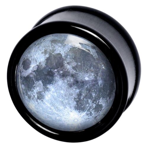 Schwarzer PMMA Plug mit detailliertem Mondmotiv auf weißem Hintergrund