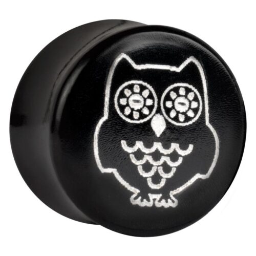 Schwarzer Plug mit eingravierter Eule, Schmuckfarbe Platin, Größe 8,0 mm