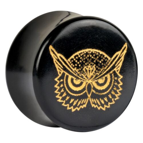 Goldener Plug mit Eulenmotiv auf schwarzem Hintergrund, Größe 8,0 mm