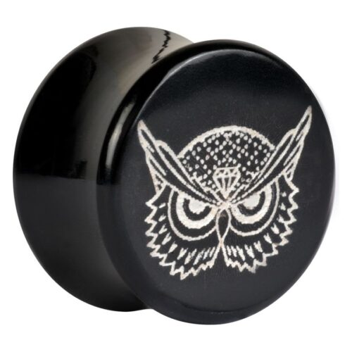 Schwarzer Plug mit wütendem Eulenmotiv, Größe 8,0 mm, Platinfarbe