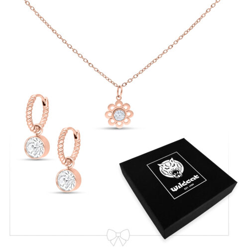 Crystal Flower Necklace with Hoops Set - Rosegold