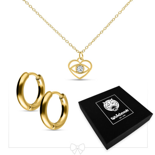 Little Dangling Eye Necklace with Hoops Set - Golden Metal