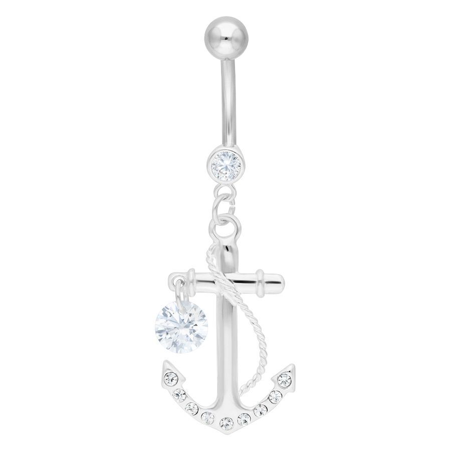 Silbernes Bauchnabelpiercing mit Ankerdesign und klaren Kristallen auf weißem Hintergrund