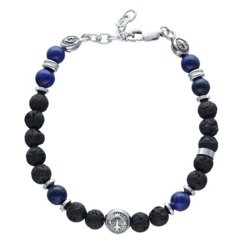 Schwarzes und blaues Armband mit Anker und Lavaperlen auf weißem Hintergrund