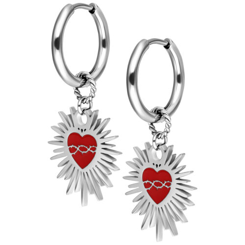 Enamel Sacred Heart Barbed Wire Hoops Pair