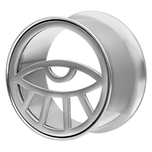 Silbernes Tunnel Piercing mit Auge-Design auf weißem Hintergrund