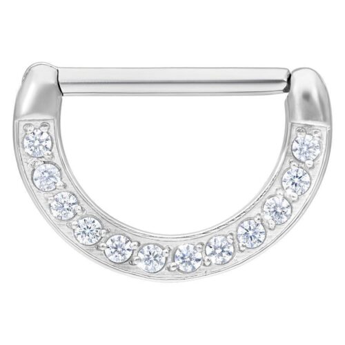 Silberner Nipple Clicker mit kristallklaren Steinen auf weißem Hintergrund