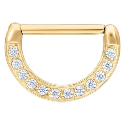 Goldener Nippel Clicker mit klaren Kristallen, 14 mm auf weißem Hintergrund