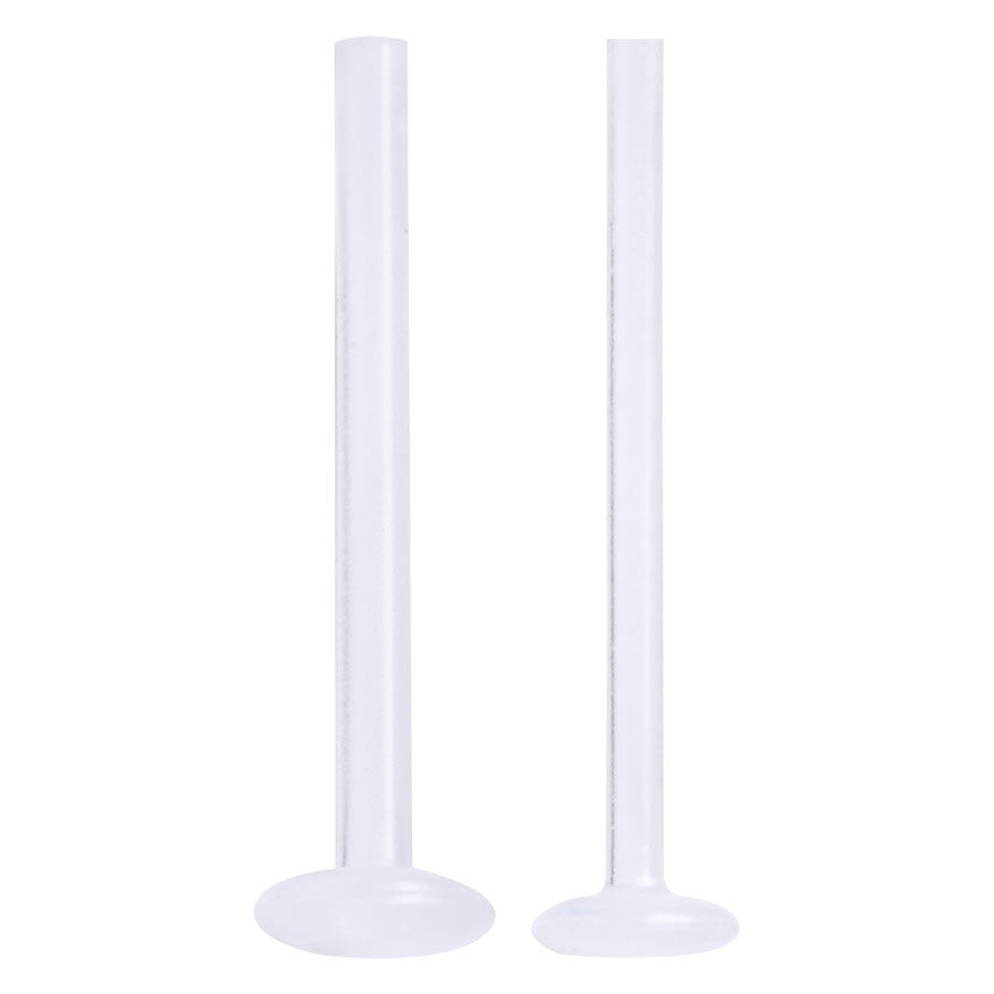Zwei transparente PTFE Labret Stäbe auf weißem Hintergrund