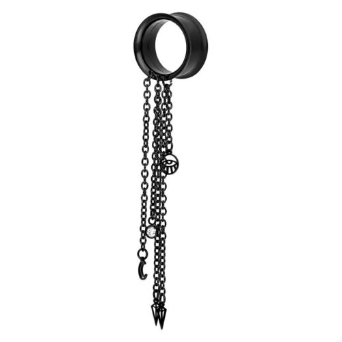 Schwarzer Tunnel aus Chirurgenstahl mit hängenden Ketten und verschiedenen Anhängern auf weißem Hintergrund