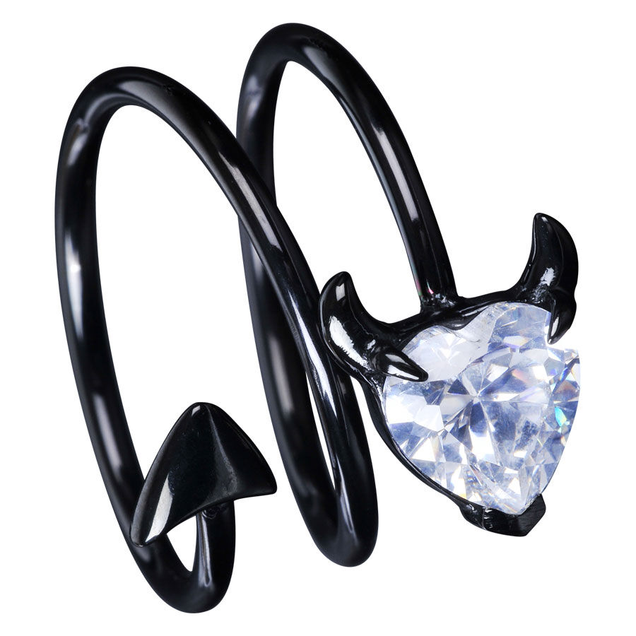 Schwarzer Ring aus Chirurgenstahl mit kristallklarem Herz und Teufelshörnern