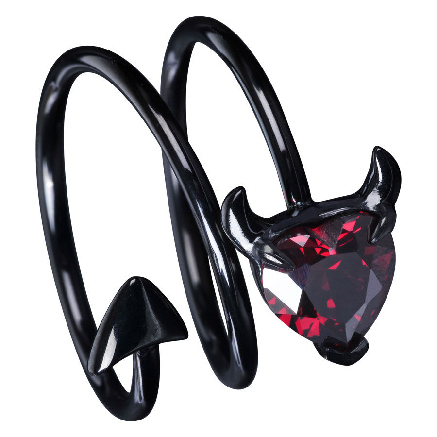 Schwarzer Ring aus Chirurgenstahl mit rotem Herz-Kristall und Hörnern