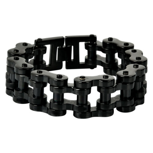Schwarzes Bikechain Armband aus Chirurgenstahl 316L auf weißem Hintergrund