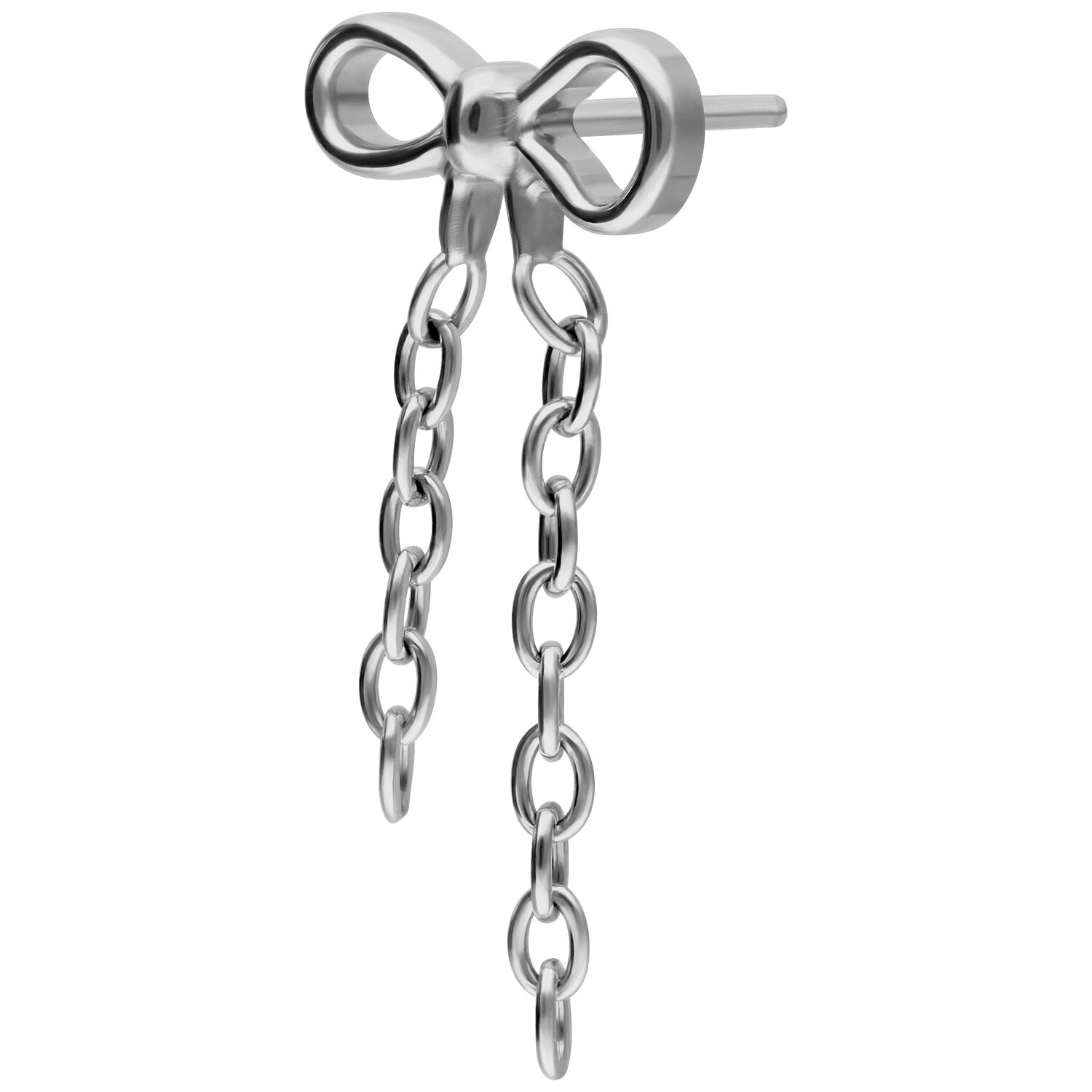 Silberner Push Fit Schleifenaufsatz mit Ketten Silberner Schleifenaufsatz mit zwei hängenden Ketten auf weißem Hintergrund