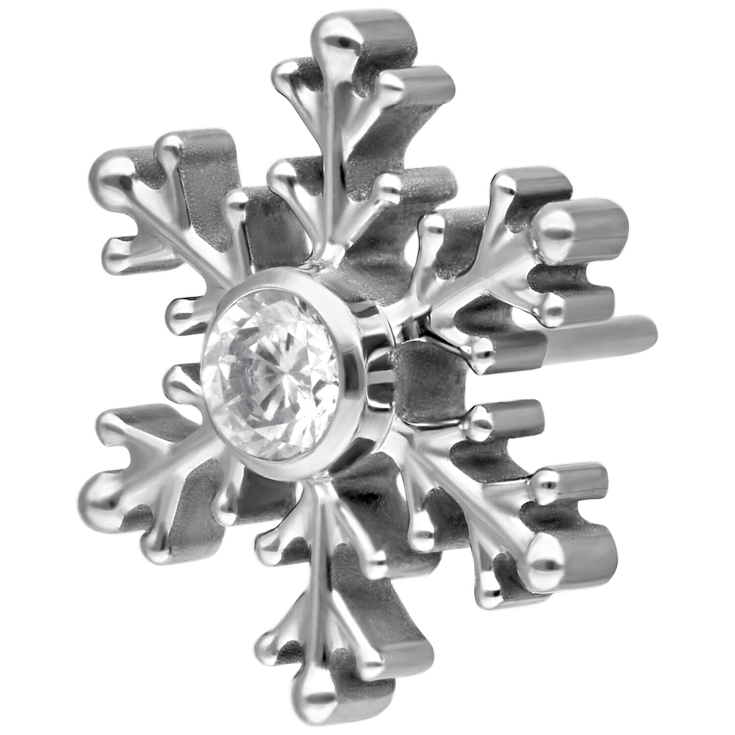 Silberner Schneeflocken-Piercingaufsatz mit klarem Kristall auf weißem Hintergrund
