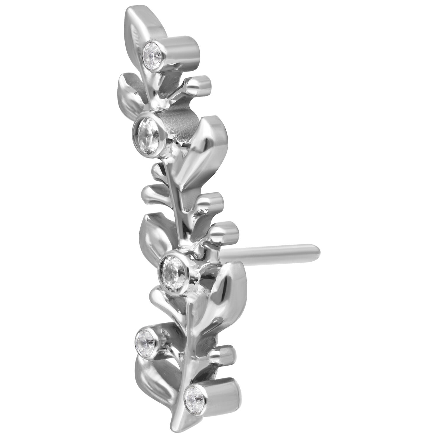 Silberner Push Fit Piercingaufsatz in Blattform mit klaren Kristallen auf weißem Hintergrund